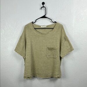 Mustard‎ Seed Women’s Sage Green Short Sleeve Top Raw Edge Cotton Bohemian Sz S